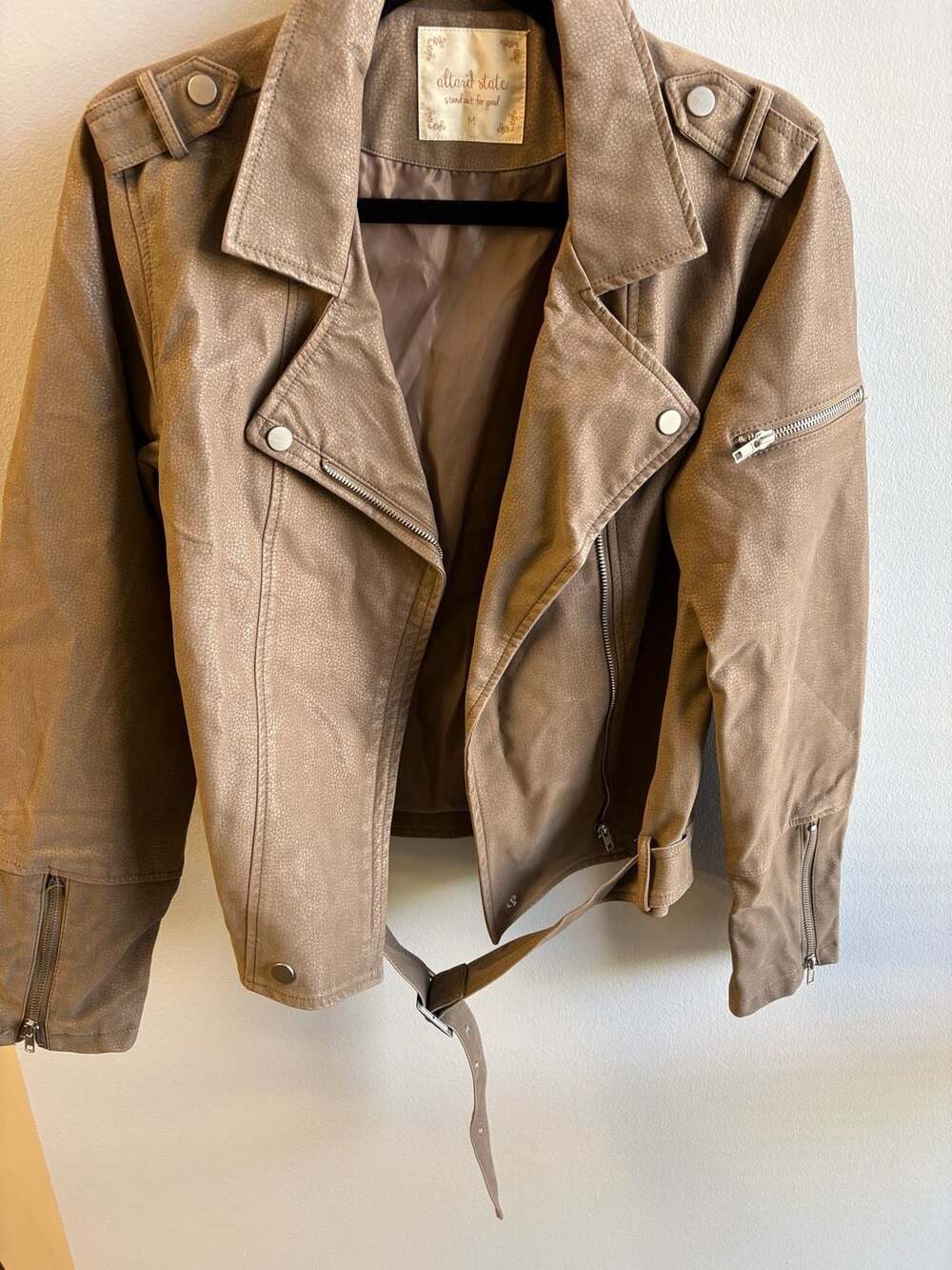 Altar'd State Faux Leather Moto Biker Jacket Taupe Gray Size M